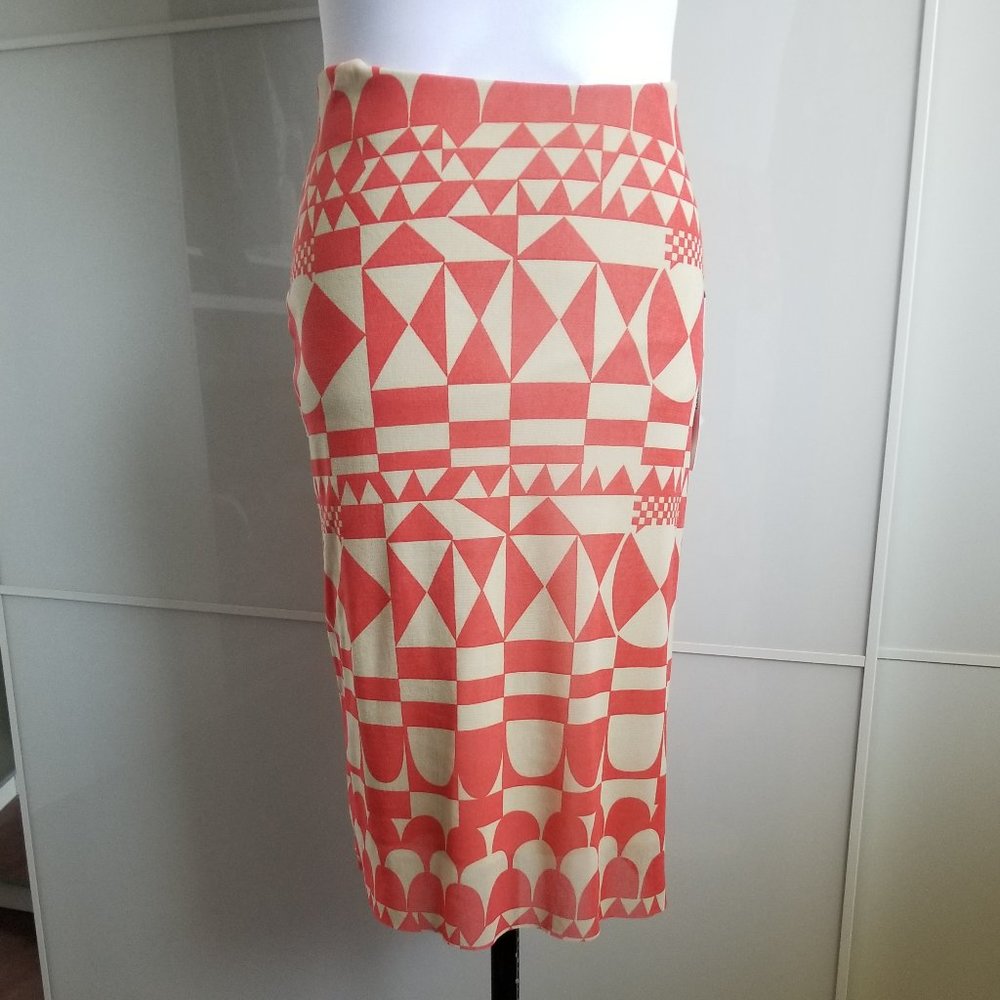 Geometric Print Orange & Tan Mesh Pencil Skirt